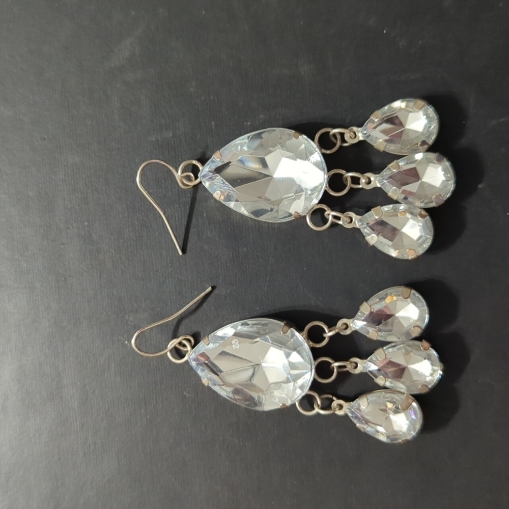 Silver Tone Clear Rhinestone Teardrop Dangle Drop Statement Earrings